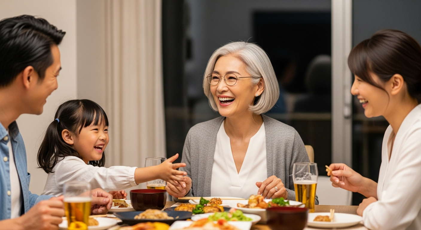 にぎやかな食卓で孫や家族と笑顔で会話する祖母