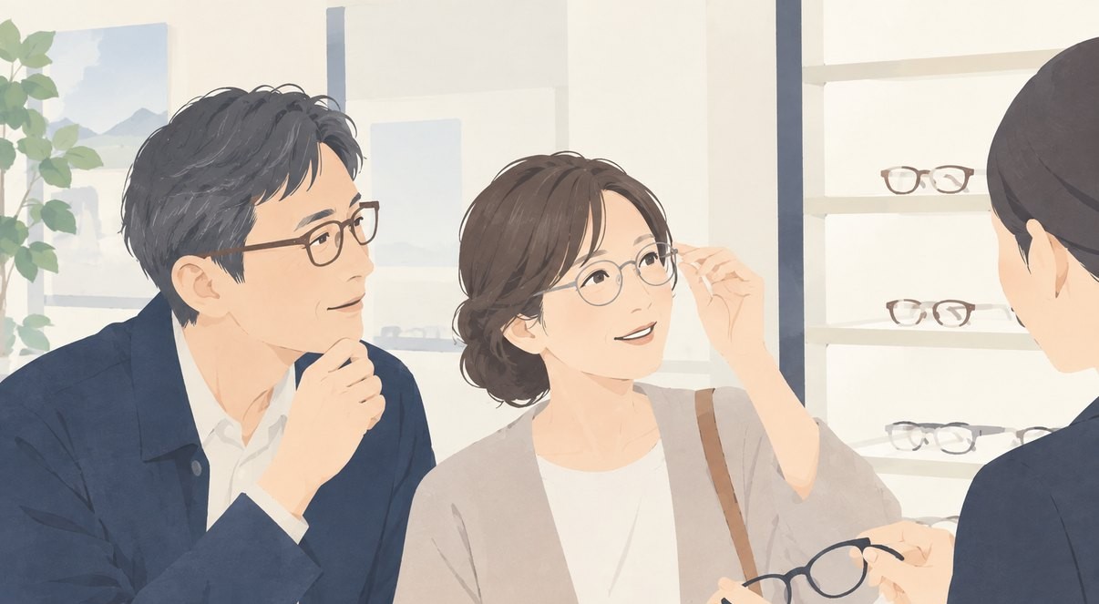 メガネ店で、夫婦がスタッフと一緒にメガネを選んでいるイラスト