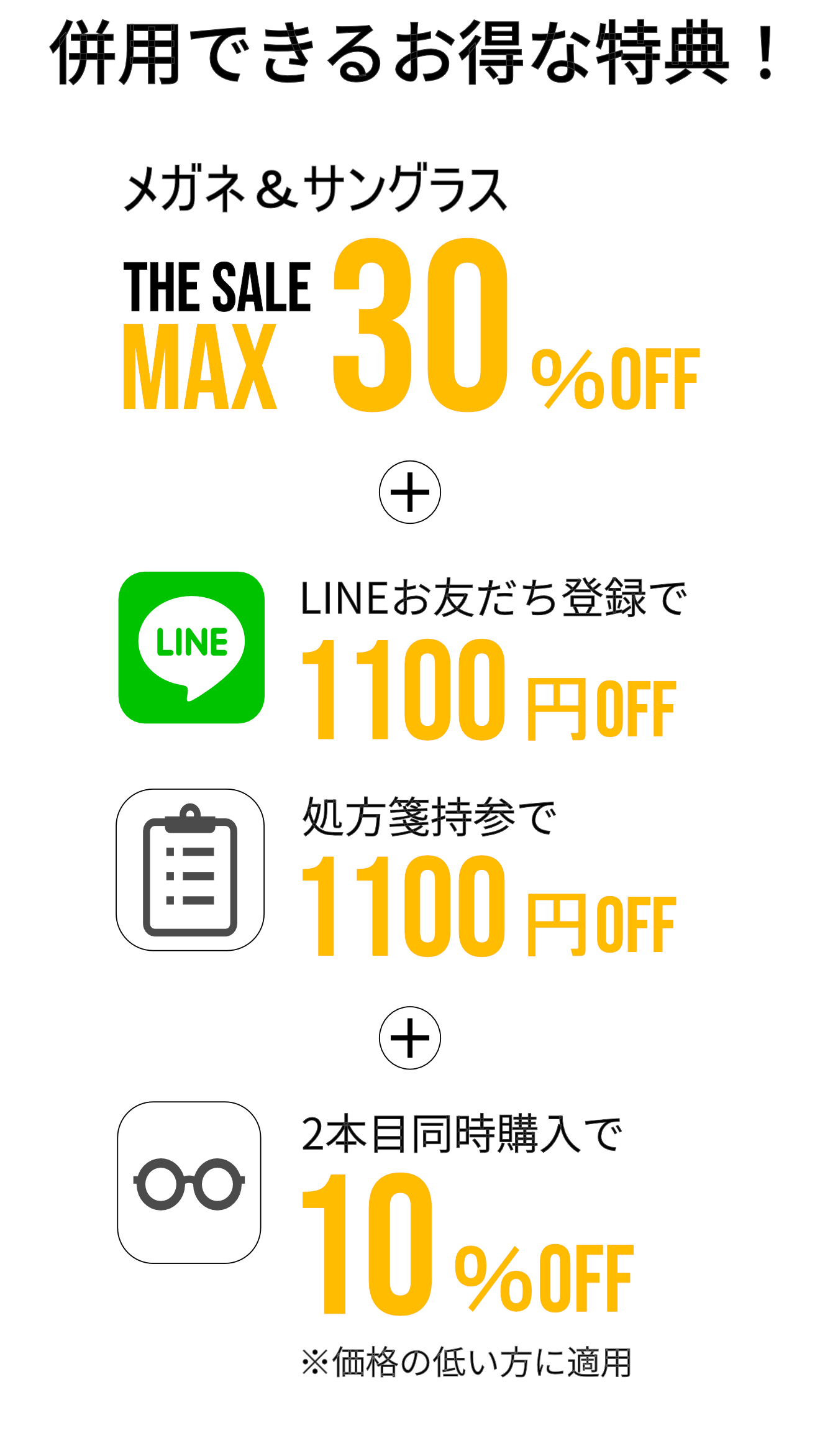 さらに併用できるお得な特典! THE SALE MAX30%OFF(メガネ&サングラス)+LINEお友だち登録で1,100円OFF・処方箋持参で1,100円OFF+2本目同時購入で10%OFF(価格の低い方に適用)